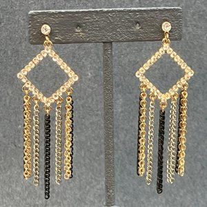 Dangle Pierced Earrings Gold Rhinestone Diamond Silver Black Chain Fringe BoHo